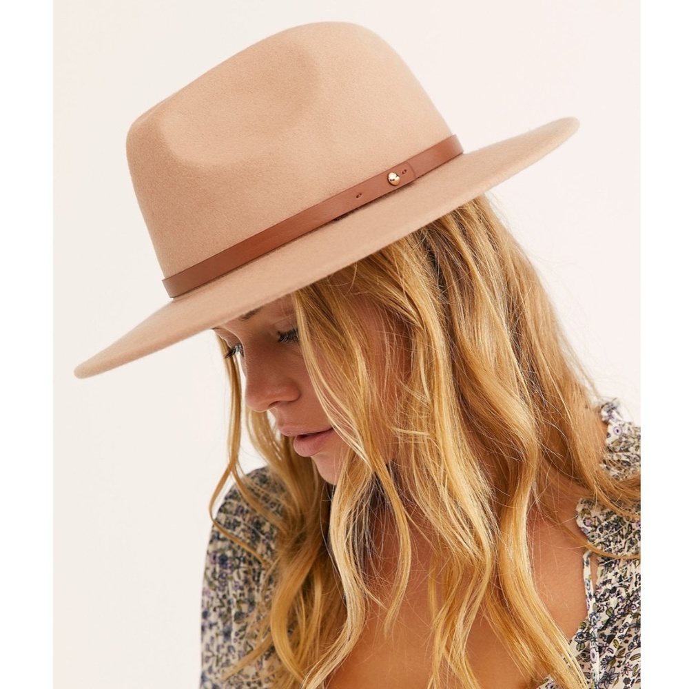 FREE PEOPLE WYTHE LEATHER BAND FELT HAT CAMEL